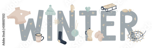 Winter lettering with delicate set of elements for winter decor. Sweater, socks, garland, hat, mittens, sled, candle, coffee pot, mug and snowflakes. Vector flat winter text on white background.