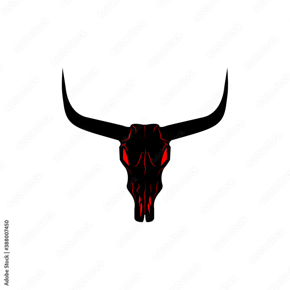 Fototapeta premium Bull skull icon. Buffalo head with red eyes vector illustration isolated on white. Animal skull with horns. Texas animal head symbol. Dangerous sign.