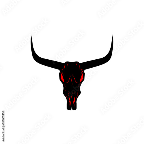 Bull skull icon. Buffalo head with red eyes vector illustration isolated on white. Animal skull with horns. Texas animal head symbol. Dangerous sign.