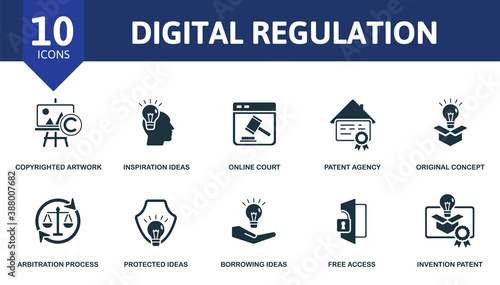 Digital Regulation icon set. Collection contain copyrighted artwork, inspiration ideas, online court, patent agency and over icons. Digital Regulation elements set.