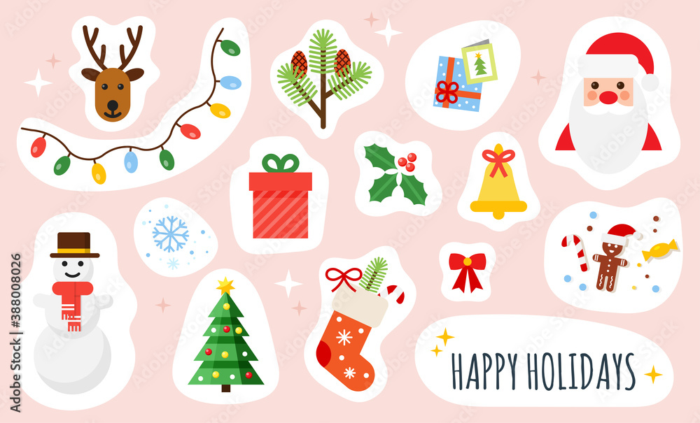 Christmas and Happy New Year holiday stickers set. Colorful festive vector illustrations collection. Happy holidays icons in flat style