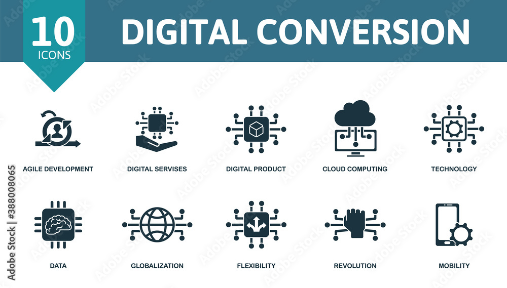 Digital Convertion icon set. Collection contain agile development, digital services, digital product, cloud computing and over icons. Digital Convertion elements set.