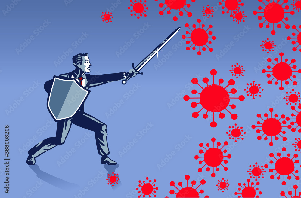 Obraz premium Businessman Fighting Covid 19 Virus with Sword and Shield. Business Illustration Concept of War Against Corona in Business World