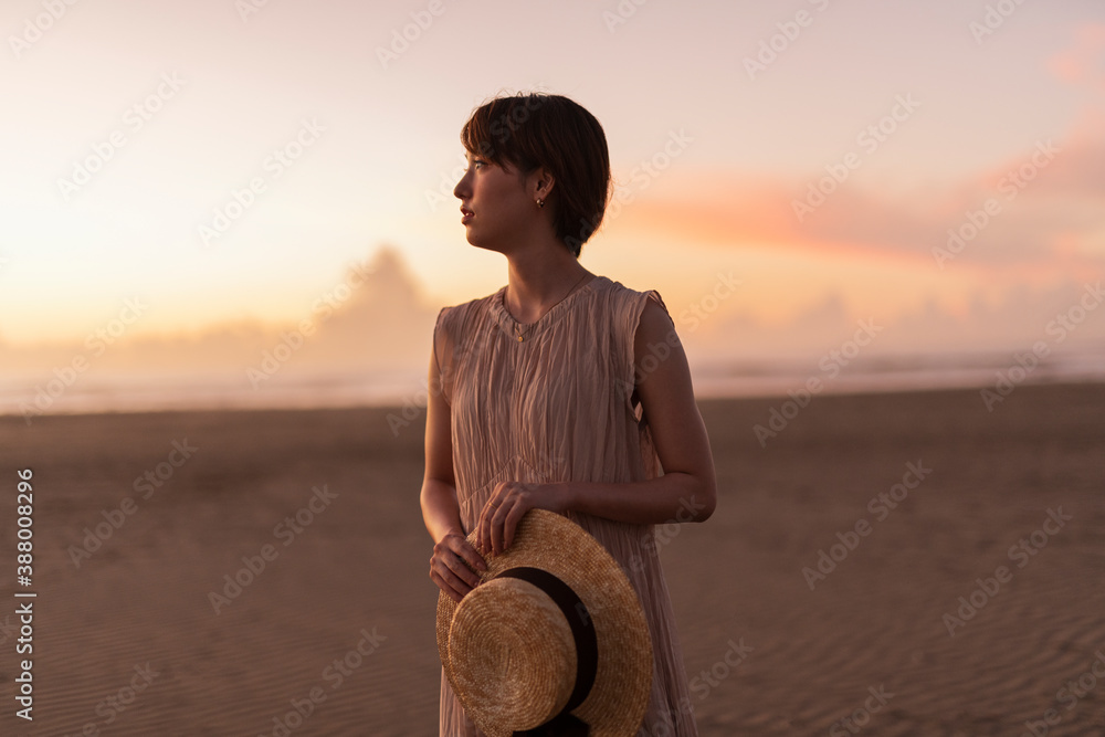 Fototapeta premium 海辺を歩く女性