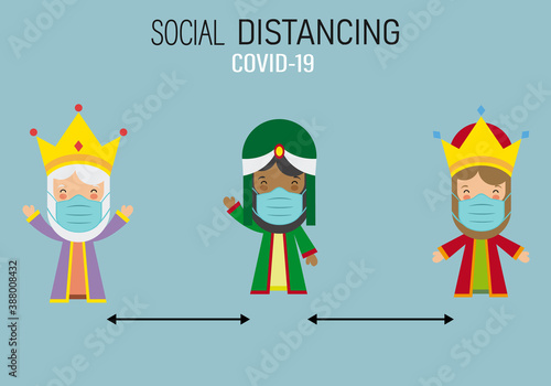 Three wise men from the east with a mask and social distance. Isolated vector