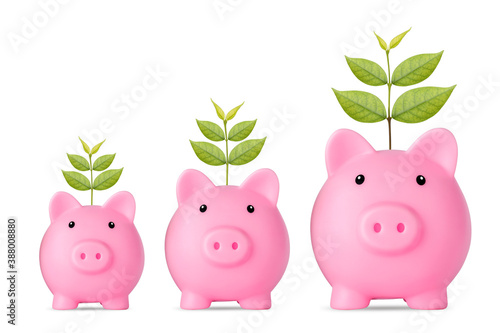 Business investment and saving growth for advertising concept. Plant growing on pink piggy bank on isolated and white background studio, meaning of growing or saving or earning money