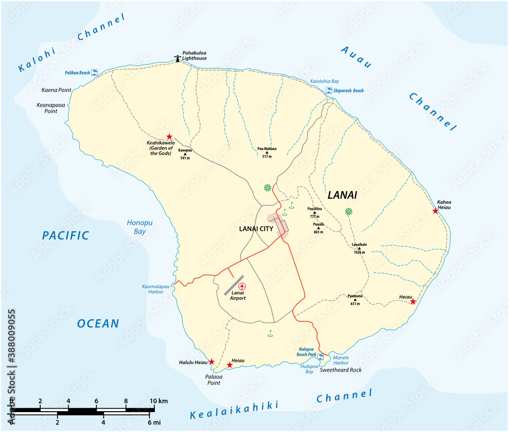 vector map of Lanai Island in the Hawaiian Archipelago, Hawaii, USA
