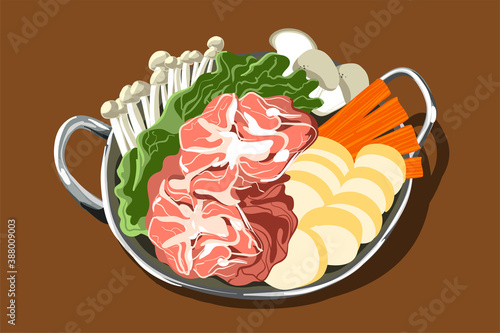 Shabu pot with ingredients such as pork, tofu, Eringii and GOlden Mushroom in metal pot ready to cook. Drawing vector illustration with layers.