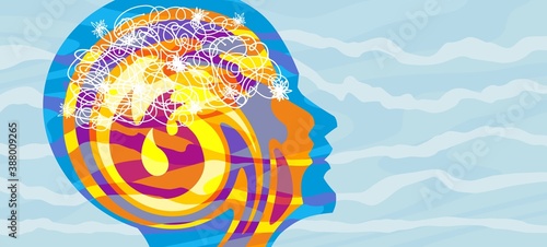 creative artistic thinking optimist head with groovy shapes and bright spark thought process