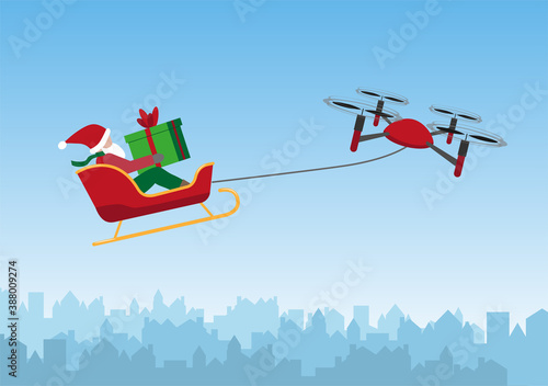 The  modern Santa riding in a sledge pulled by a drone. Enabled with 5G technology.