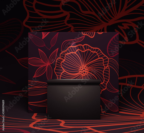 3d render with floral background. Floral modern fashion design. Shop showcase product display, cube podium, blank pedestal, cube stage. Mockup design for advertising and products.