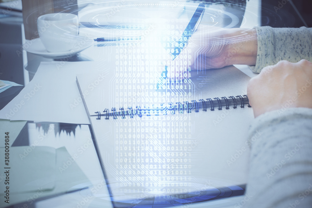 Double exposure of writing hand on background with data solution technology hologram. Ai concept. Double exposure of writing hand on background with data solution technology hologram. Ai concept.