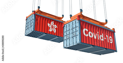 Container with Coronavirus Covid-19 text on the side and container with Hong Kong Flag. 3D Rendering © Marius Faust