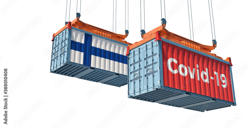 Container with Coronavirus Covid-19 text on the side and container with Finland Flag. 3D Rendering Container with Coronavirus Covid-19 text on the side and container with Finland Flag. 3D Rendering