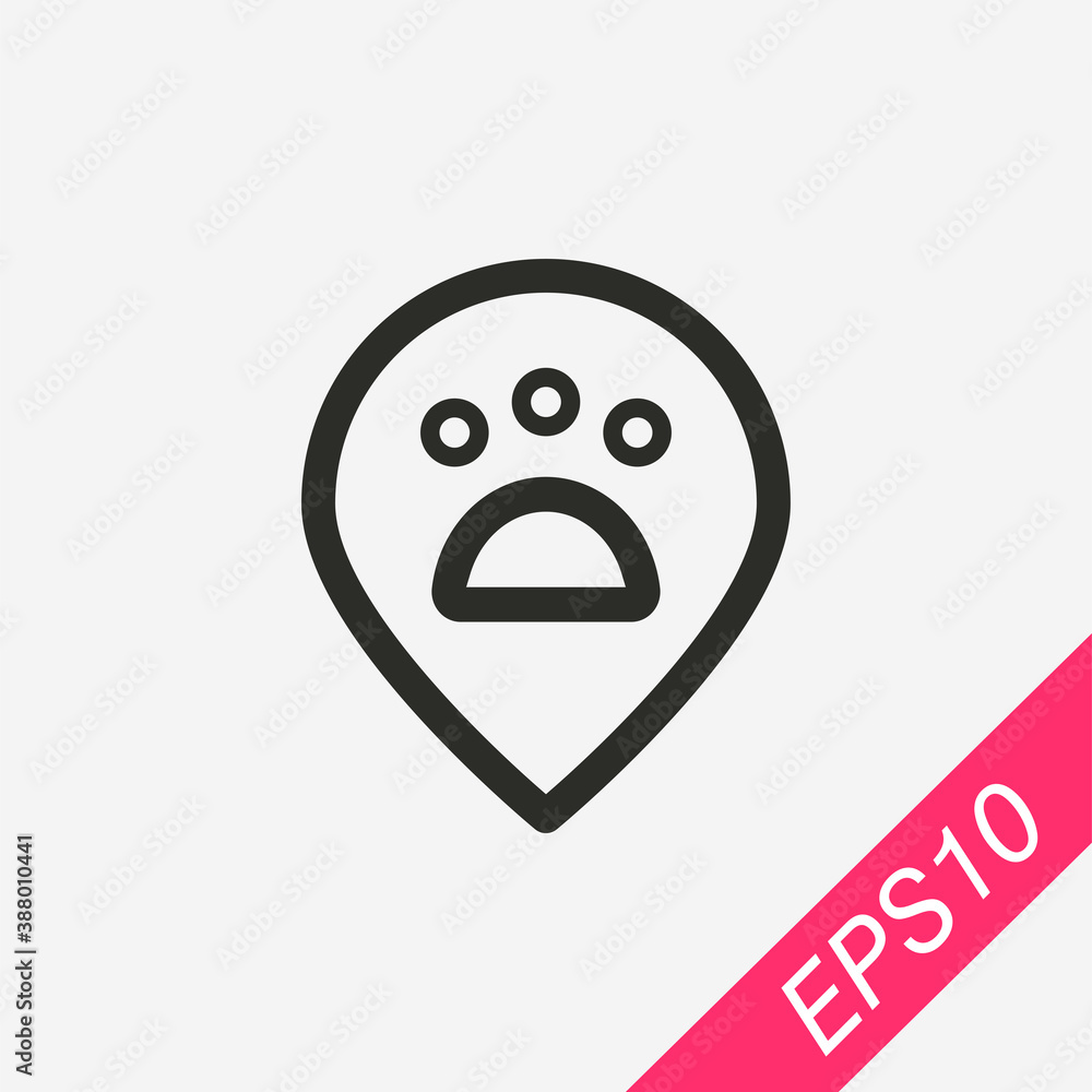 Paw with location icon isolated on background. Vet symbol modern, simple, vector, icon for website design, mobile app, ui. Vector Illustration Paw with location icon isolated on background. Vet symbol modern, simple, vector, icon for website design, mobile app, ui. Vector Illustration