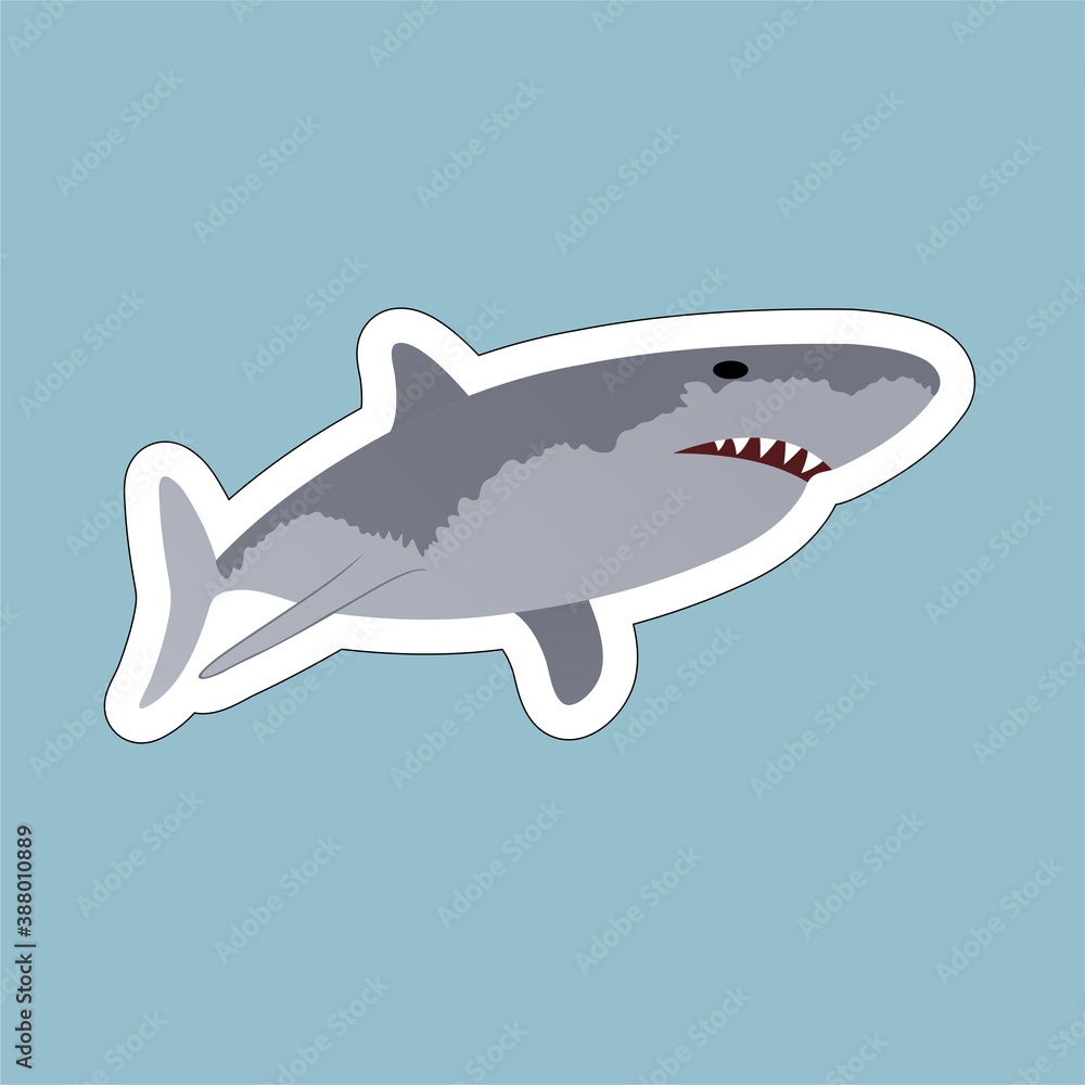 Sticker of Wild Shark Cartoon, Cute Funny Character, Flat Design Sticker of Wild Shark Cartoon, Cute Funny Character, Flat Design