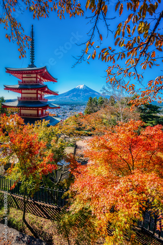 The Chureito Pagoda and Arakura Sengen Shrine, a Shinto shrine in Yamanashi Prefecture, Japan, close to Mount Fuji, seen here in autumn.