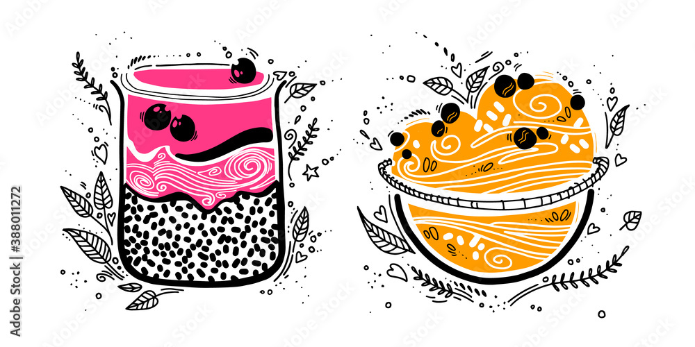 Chia pudding with granola in doodle style on white background. cute stylized vector illustration with organic breakfast superfood. healthy food.