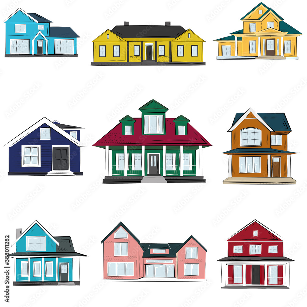 Houses vector illustration, front view exterior sketch illustration of american houses and homes. Icon or web site of realty estate design.