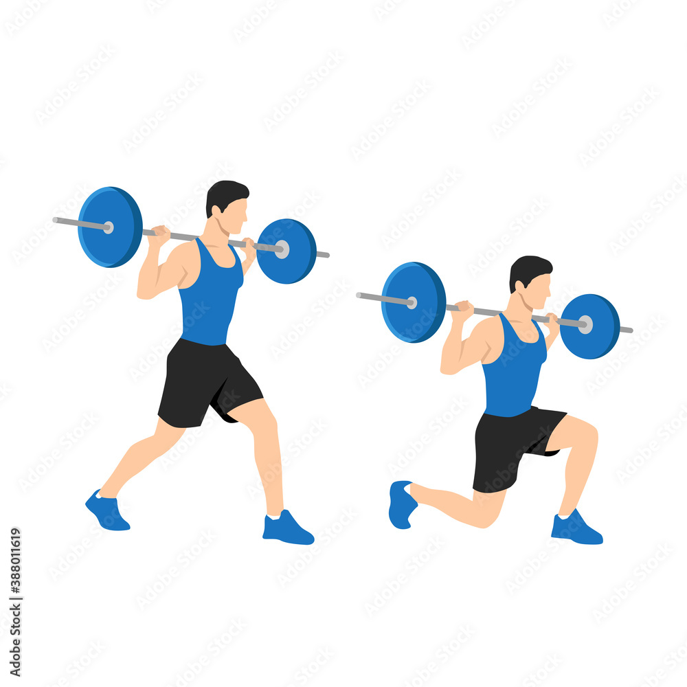 Obraz premium fitness, sport and exercise concept - smiling sporty man with barbell doing split squat or lunge