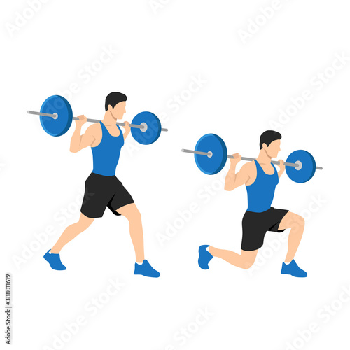 fitness, sport and exercise concept - smiling sporty man with barbell doing split squat or lunge