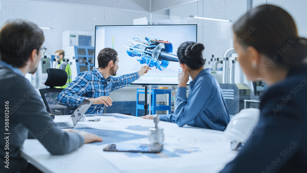 Modern Factory Office Meeting Room: Diverse Team of Engineers, Managers and Investors Talking at Conference Table, Use Interactive TV, Analyze Sustainable Energy Engine Blueprints. High-Tech Facility - obrazy, fototapety, plakaty 