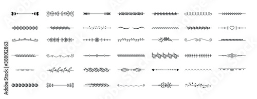 Set Black Simple Line Collection Doodle Border Floral Leaves Elements Vector Design Style Sketch Isolated Illustration For Banner