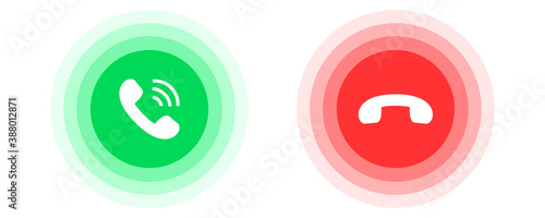 Ringing phone icon in green and red. Isolated connection buttons. Dial mobile buttons. Talk symbol in flat on white background. Communication illustration. Vector EPS 10.