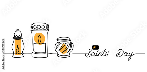 All Saints day simple vector banner, background with candles and lanterns with lights. Single line art illustration with lettering All Saints Day.