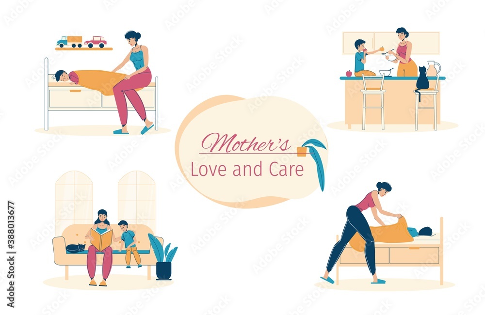 Son mother love. Children care. Beautiful portrait for lifestyle design. Bedtime activity, morning breakfast together, reading book in evening. Parent kid entertainment at home. Family poster