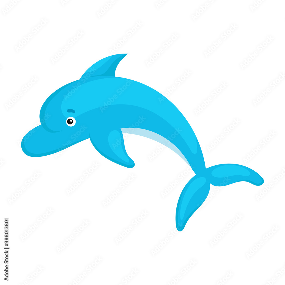 Cute funny dolphin print on white background. Ocean cartoon animal character for design of album, scrapbook, greeting card, invitation, wall decor. Flat colorful vector stock illustration. Cute funny dolphin print on white background. Ocean cartoon animal character for design of album, scrapbook, greeting card, invitation, wall decor. Flat colorful vector stock illustration.
