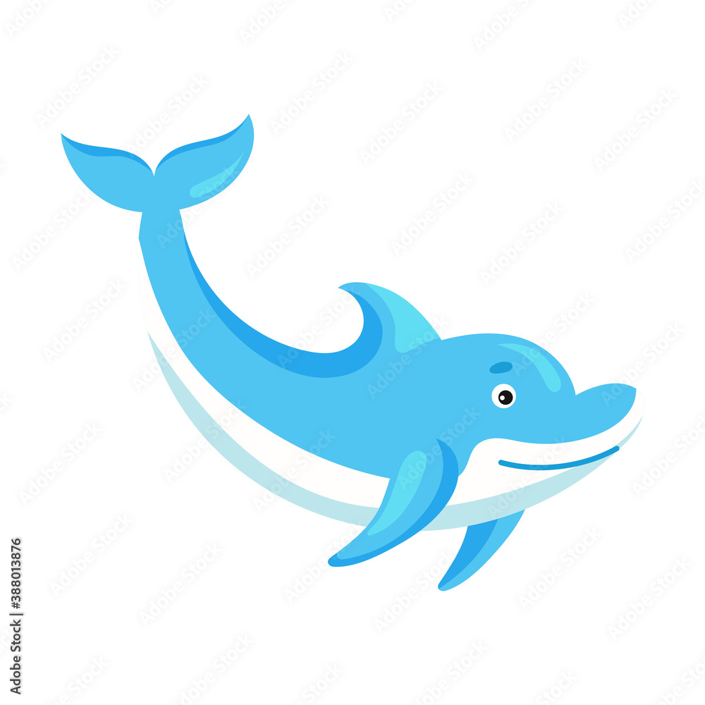 Cute funny dolphin print on white background. Ocean cartoon animal character for design of album, scrapbook, greeting card, invitation, wall decor. Flat colorful vector stock illustration. Cute funny dolphin print on white background. Ocean cartoon animal character for design of album, scrapbook, greeting card, invitation, wall decor. Flat colorful vector stock illustration.