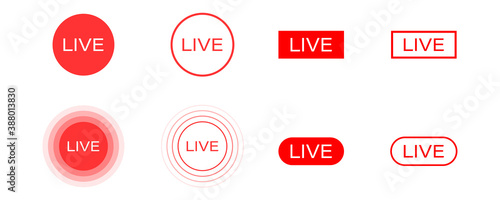 Live stream icons set. Isolated broadcast symbol on white background. Stream symbol in red. Online video template in circle and square shape. Bold and outline style. On air sign. Vector EPS 10.