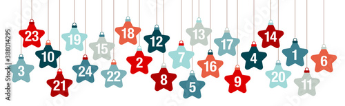 Banner Adventskalender Hängende Sterne Rot Blau