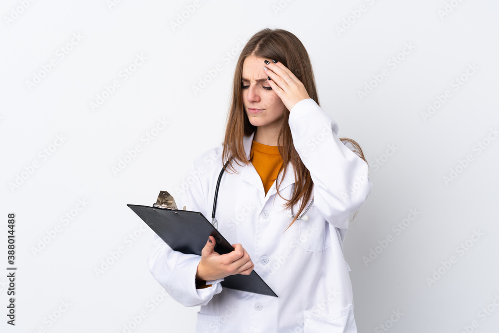 Young woman over isolated background wearing a doctor gown and holding a folder Young woman over isolated background wearing a doctor gown and holding a folder