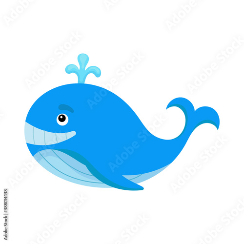 Cute funny whale print on white background. Ocean cartoon animal character for design of album, scrapbook, greeting card, invitation, wall decor. Flat colorful vector stock illustration.