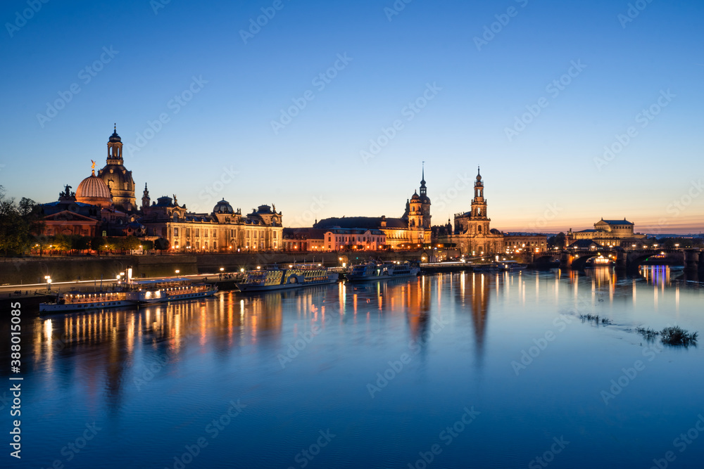 Skyline of Dresden in the evening with the river Elbe