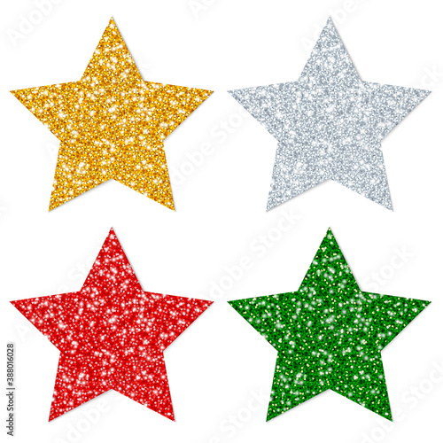 Quadrat Set Vier Sterne Glitzer Gold Silber Rot Grün
