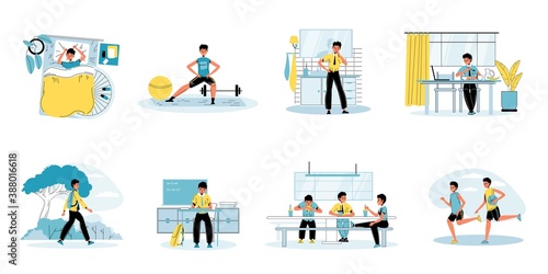 Young schoolboy daily life schedule routine activity scene set. Boy doing workout, brushing teeth, eating breakfast, going to school, studying, communicating playing friend. Child education recreation