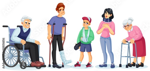 Disabled young adult people children character set. Man, woman, boy, grandpa, grandma suffer from different physical injury use crutches, walkers, wheelchair to move. Rehabilitation, trauma treatment