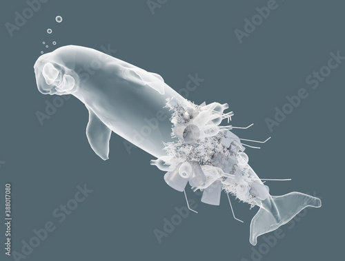 3D illustration of plastic waste with marine animals
