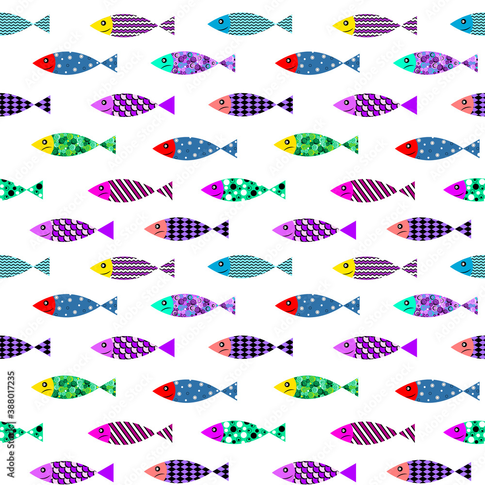 Colorful fish cartoon seamless pattern. Vector illustration.
