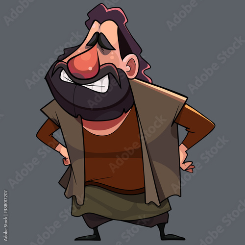 cartoon smiling mustachioed bearded man stands akimbo