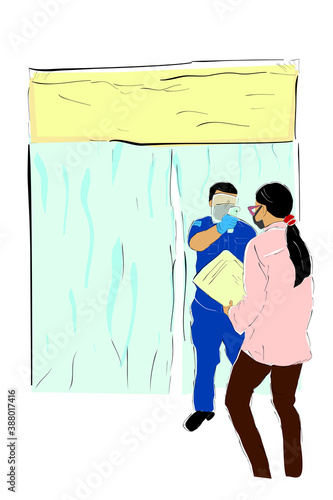 Simple Vector Hand Draw Sketch, Queues People, Body Temperature Check Before Entering Desinfectant Chamber, health protocols during a pandemic Covid-19