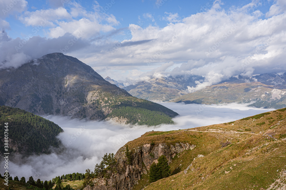 Landschaft, Berglandschaft, Himmel, Nebel, Natur, Panorama, Engadin, Schweiz, Berge, Wandern, Wolken