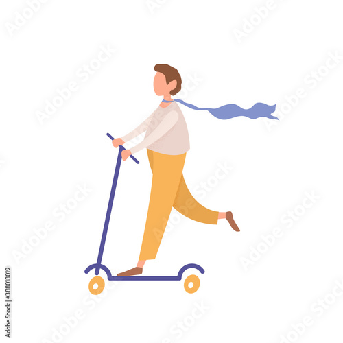 Young faceless man riding kick scooter, cartoon style teenager character pushes off scooter, flat vector illustration isolated on white background