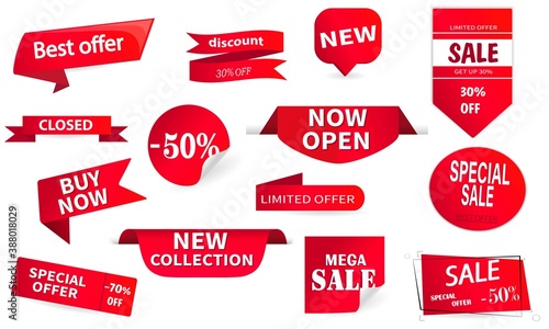 Set of red ribbons, banners. Sale labels. Big, mega -50% discount. Trade Tags. Limited offer. New collection. Vector image.