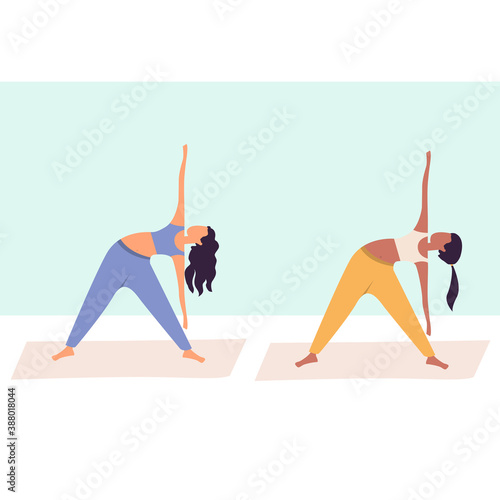 Two women practicing yoga together, group of women performing gymnastic exercise in gym, aerobics class, training, sports activity, flat cartoon colorful vector illustration