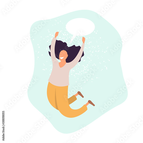Young joyful woman cartoon characters jumping, happy girl, gladness emotion, flat vector illustration isolated