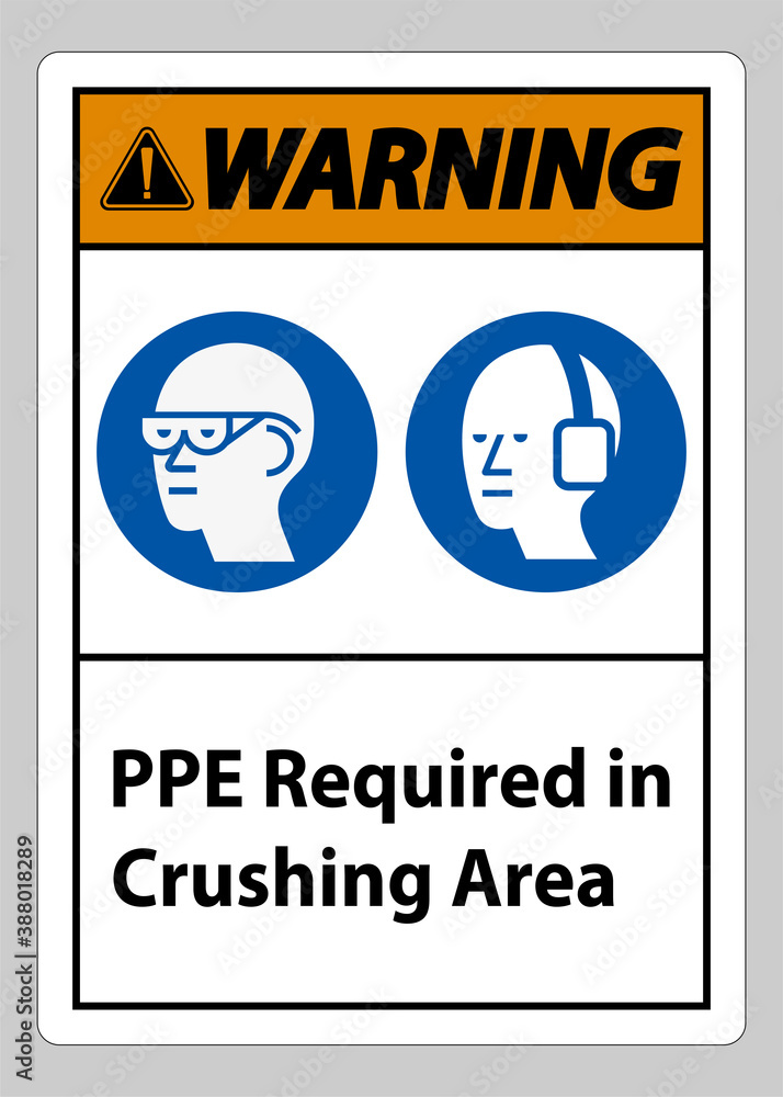 Warning Sign PPE Required In Crushing Area Isolate on White Background Warning Sign PPE Required In Crushing Area Isolate on White Background